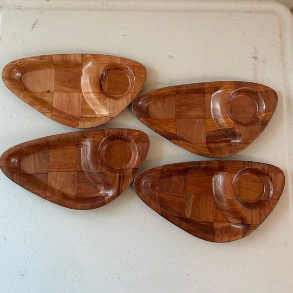 Vintage Set Of 4 Mid-Century Modern Glossy Finish Wooden Snack Pupu Trays Plates - Picture 1 of 2